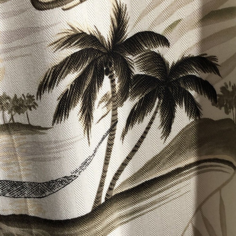 Go Barefoot Aloha Hawaiian Tiki Shirt Beige Dark Green Palm Trees Medium - Picture 8 of 10